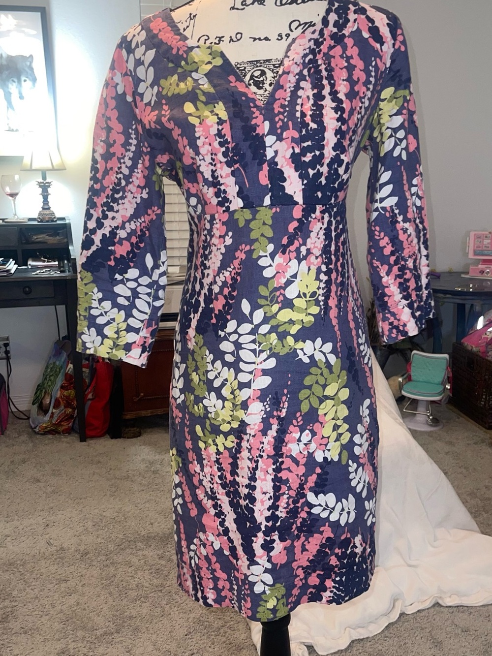 Boden- Floral Navy Women's Dress in Pink & Olive zips on the side - Picture 4 of 14